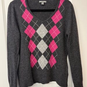 Cashmere Charcoal and Fuchsia Argyle V-Neck Sweater